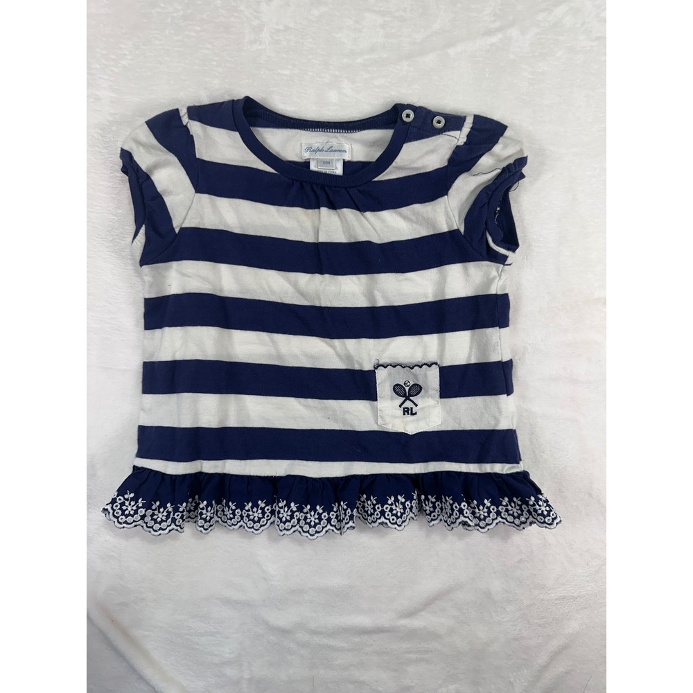Ralph‎ Lauren Striped Ruffle Hem Top 24M Navy White Tennis Logo Toddler Girls